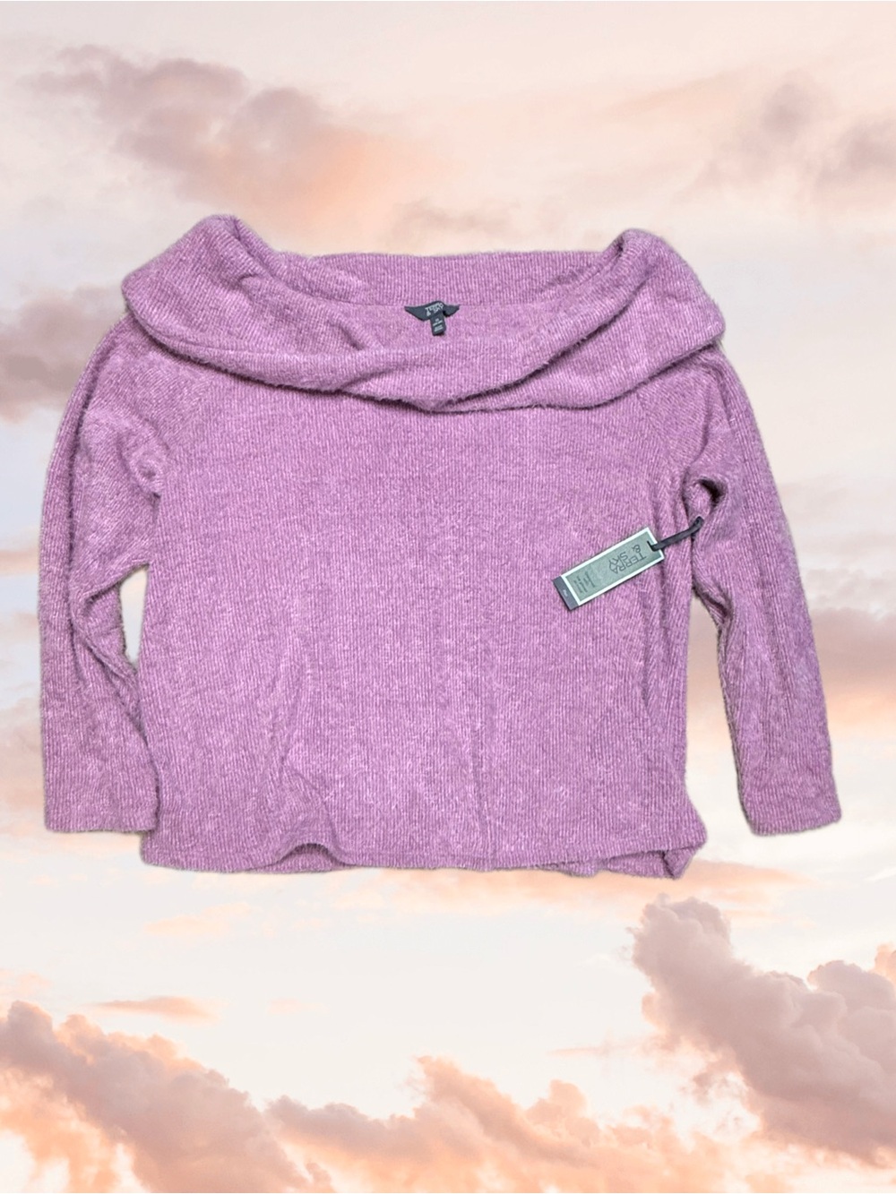 No Boundaries Light Purple Pink Off-Shoulder Fuzzy Sweater Eyelash Chenille NWT